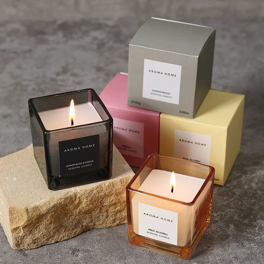 Vintage Square Glass Jar Scented Candle (Essential Oils, Soy Wax)